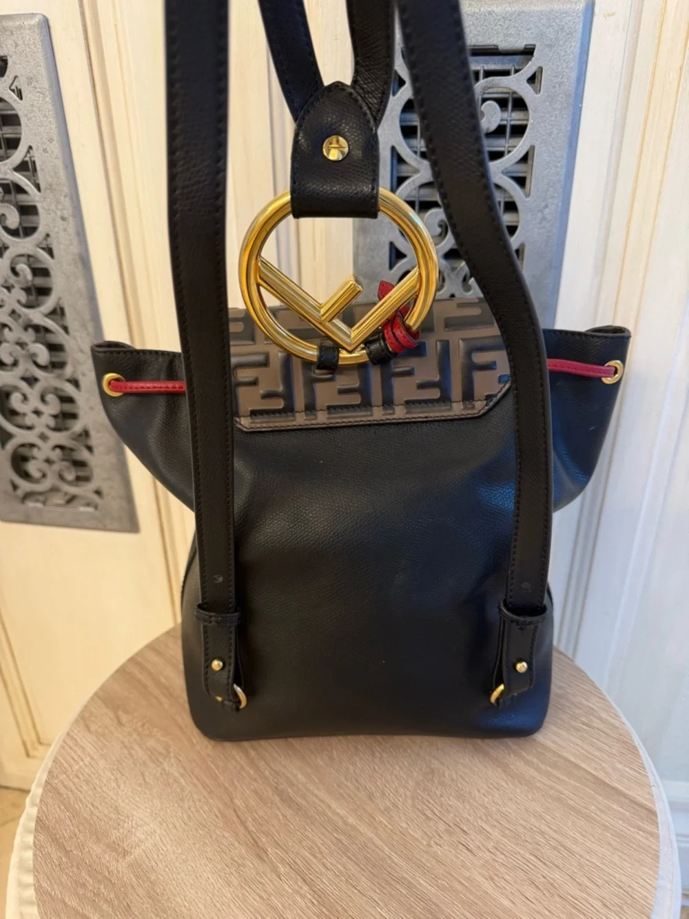 Fendi Black Leather Backpack with Brown Monogram Flap and Red Accents - Picture 6 of 11